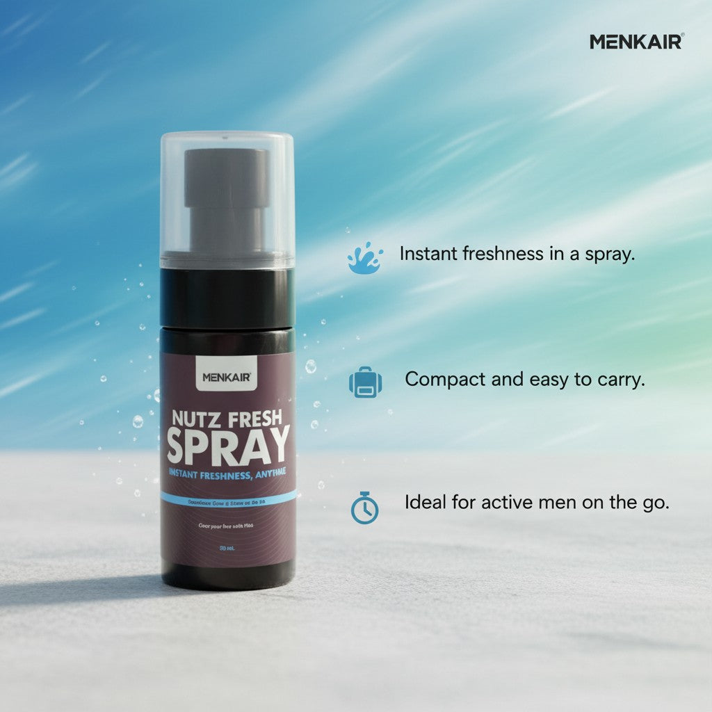 Menkair Nutz Fresh Spray bottle with a clear cap, offering instant freshness for active men.