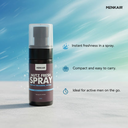 Menkair Nutz Fresh Spray bottle with a clear cap, offering instant freshness for active men.