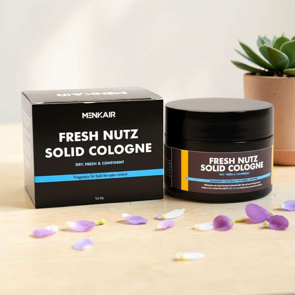 Menkair Fresh Nutz solid cologne for men, portable and long-lasting fragrance for odor control.