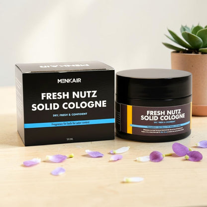 Menkair Fresh Nutz solid cologne for men, portable and long-lasting fragrance for odor control.