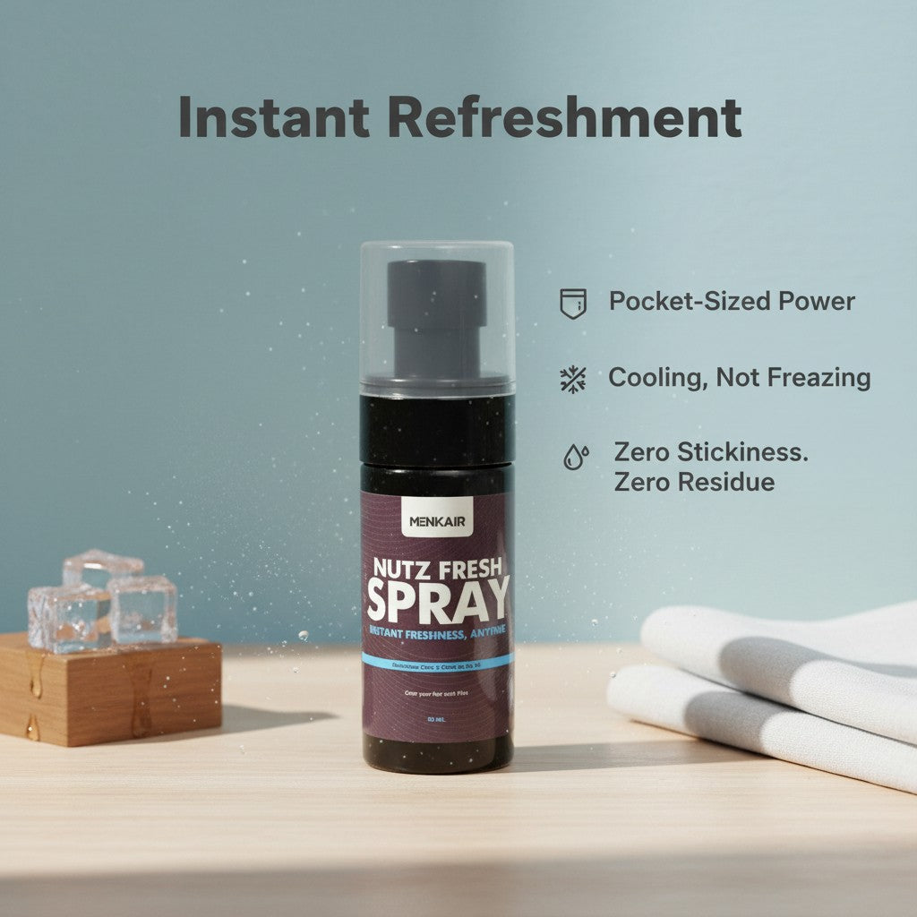 Menkair Nutz Fresh Spray bottle, a compact black spray with a clear cap, offering instant freshness for men on the go.