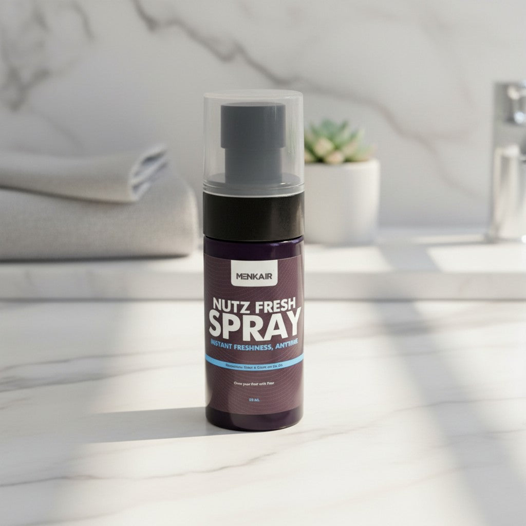 Menkair Nutz Fresh Spray bottle, offering instant freshness for men on the go. Compact design.