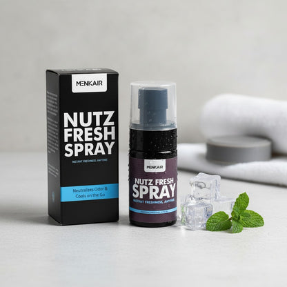 Menkair Nutz Fresh Spray bottle and box, offering instant freshness and odor neutralization for men on the go.