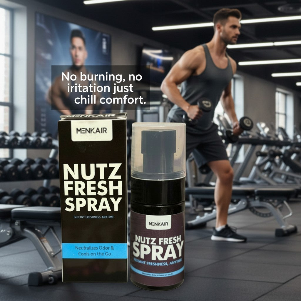 Menkair Nutz Fresh Spray bottle and box, offering instant freshness and odor neutralization for men on the go.