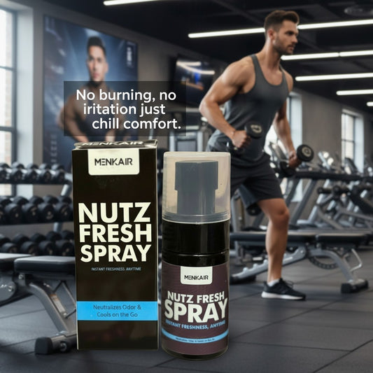 Menkair Nutz Fresh Spray bottle and box, offering instant freshness and odor neutralization for men on the go.
