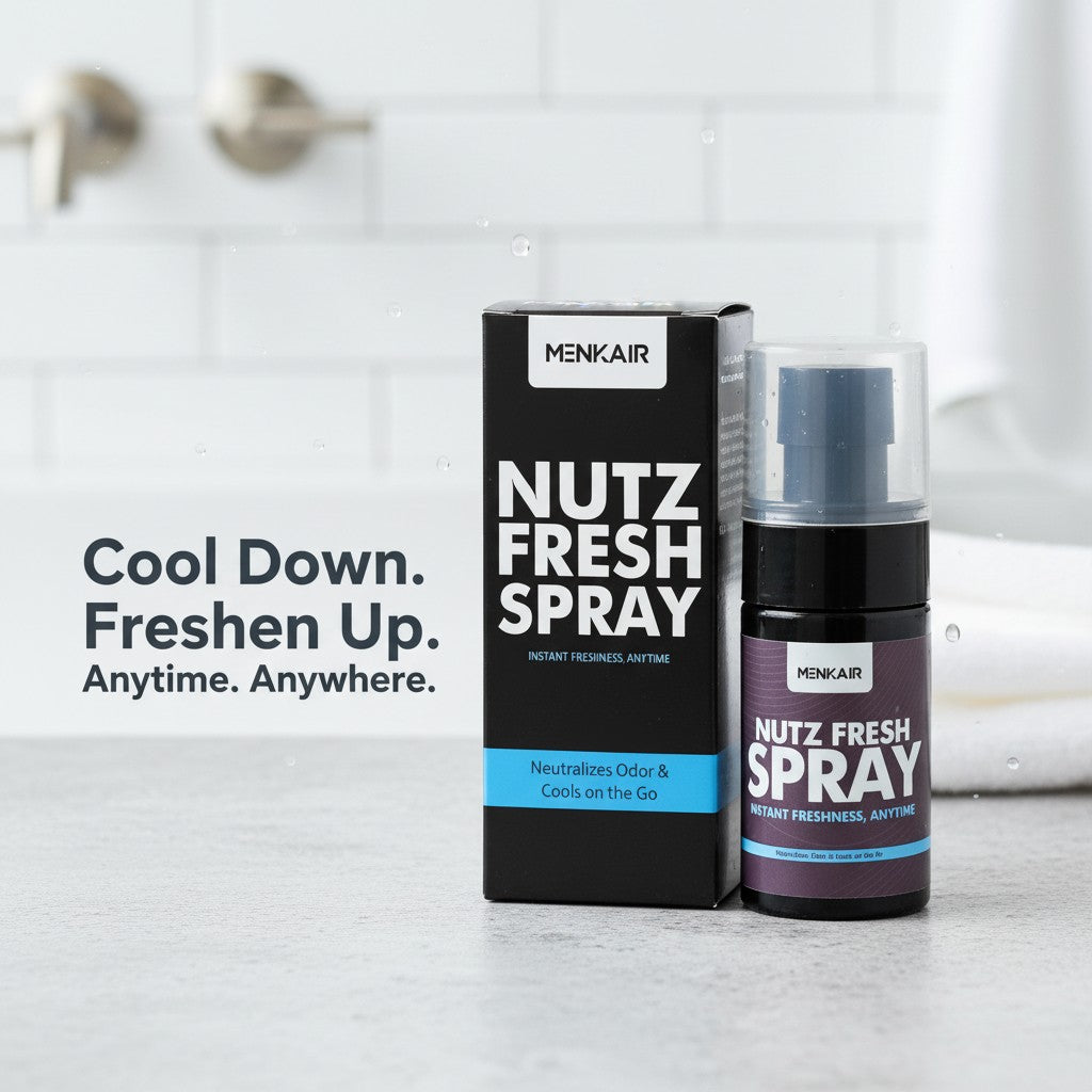 Menkair Nutz Fresh Spray bottle and box, offering instant freshness and odor neutralization for men on the go.
