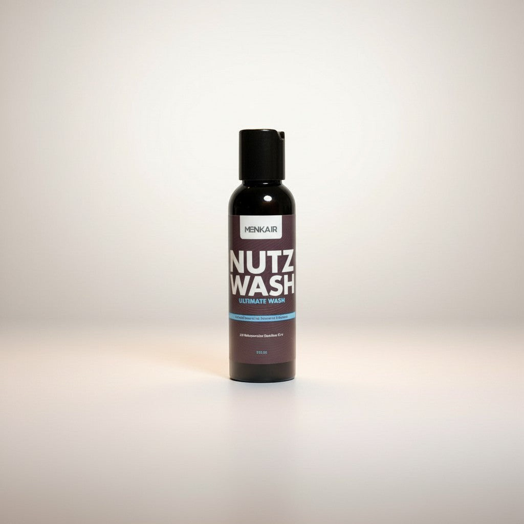 Menkair Nutz Wash intimate wash bottle on a white towel, promoting daily hygiene and freshness.