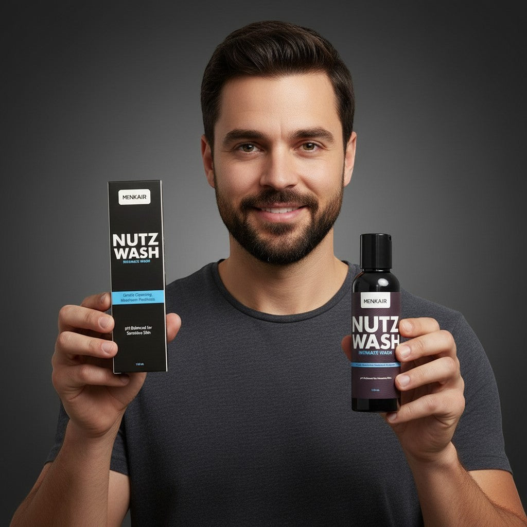 Menkair Nutz Wash intimate wash bottle and box, gentle cleansing for sensitive skin, 110ml.