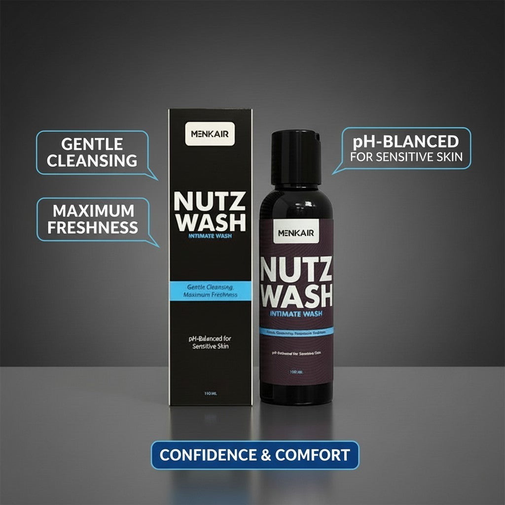 Menkair Nutz Wash intimate wash bottle and box, gentle cleansing for sensitive skin, 110ml.
