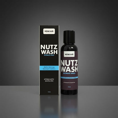 Menkair Nutz Wash intimate wash bottle and box, gentle cleansing for sensitive skin, 110ml.